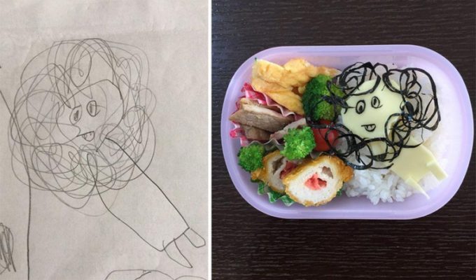 Папа делает дочке обеды по мотивам ее же рисунков. Девочка съедает всё!